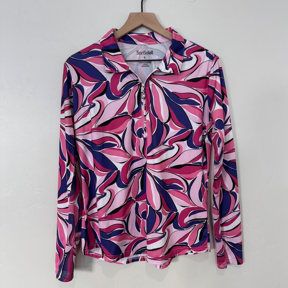 SanSoleil Women Floral Print Sun Shirt UPF 50 Long Sleeve Quarter Zip Preppy L